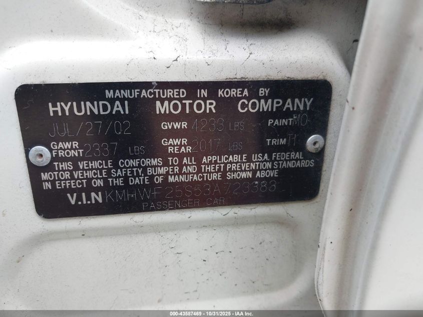 2003 Hyundai Sonata VIN: KMHWF25S53A723383 Lot: 43587469