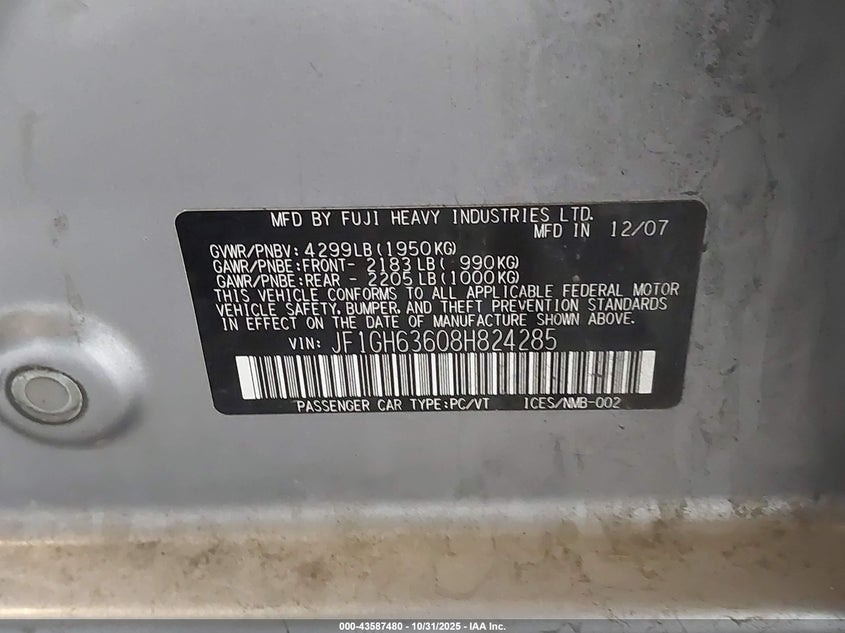 2008 Subaru Impreza Outback Sport VIN: JF1GH63608H824285 Lot: 43587480