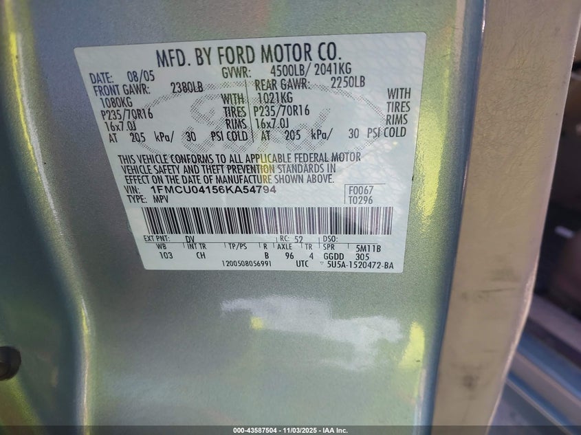 2006 Ford Escape Limited VIN: 1FMCU04156KA54794 Lot: 43587504