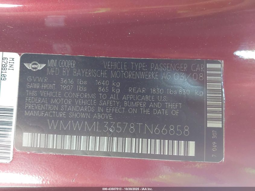 2008 Mini Cooper Clubman VIN: WMWML33578TN66858 Lot: 43587513