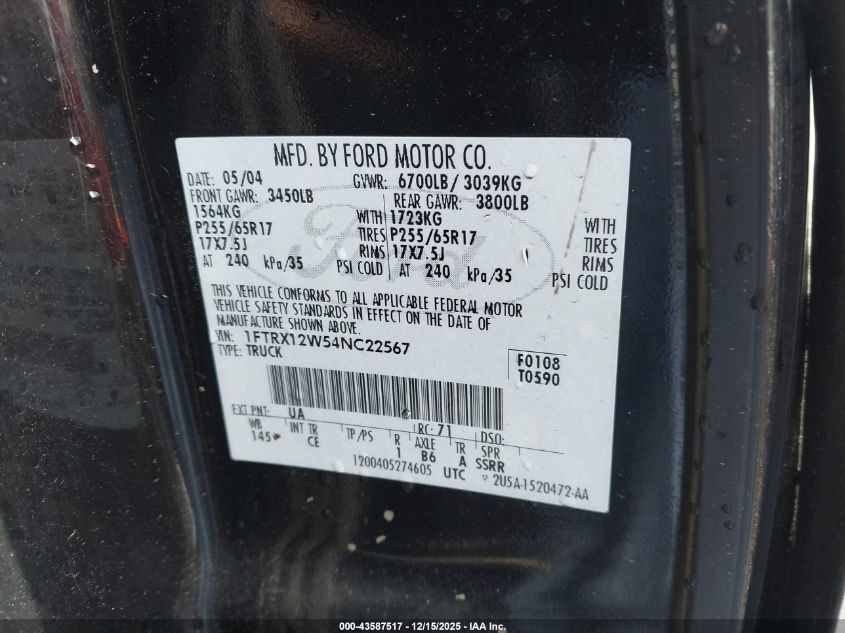 2004 Ford F-150 Stx/Xl/Xlt VIN: 1FTRX12W54NC22567 Lot: 43587517