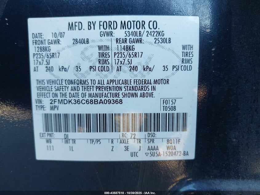 2008 Ford Edge Se VIN: 2FMDK36C68BA09368 Lot: 43587518