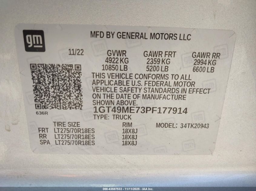 2023 GMC Sierra 2500Hd 4Wd Long Bed Sle VIN: 1GT49ME73PF177914 Lot: 43587533