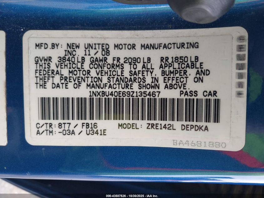 2009 Toyota Corolla Le VIN: 1NXBU40E69Z135467 Lot: 43587526