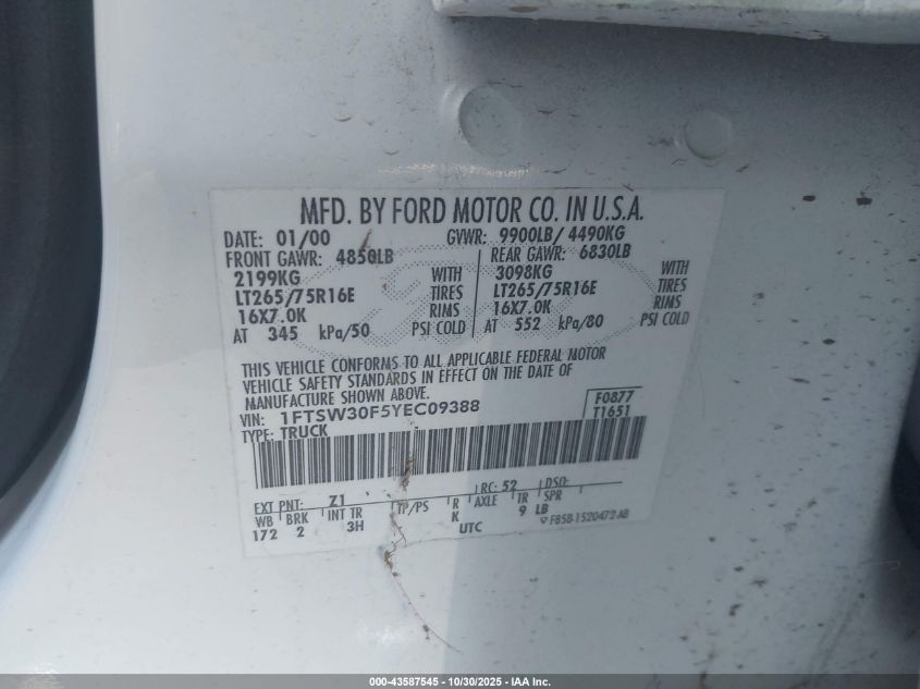 2000 Ford F-350 Lariat/Xl/Xlt VIN: 1FTSW30F5YEC09388 Lot: 43587545