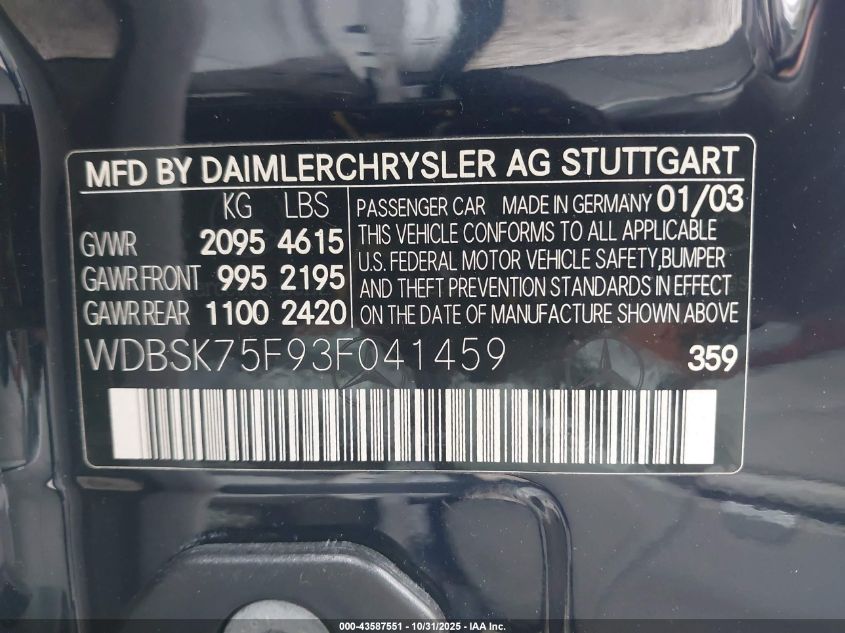2003 Mercedes-Benz Sl 500 VIN: WDBSK75F93F041459 Lot: 43587551