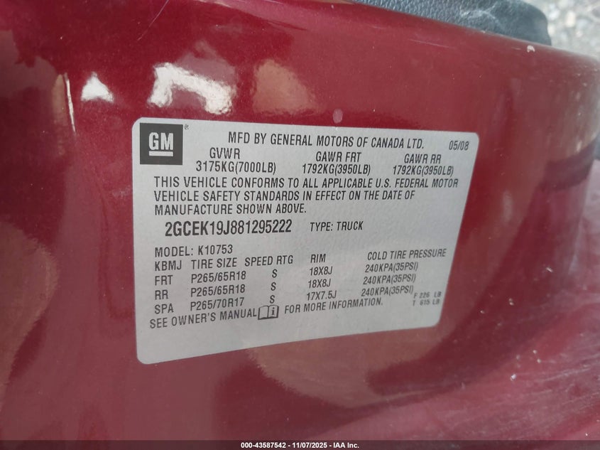 2GCEK19J881295222 2008 CHEVROLET SILVERADO photo no. 9