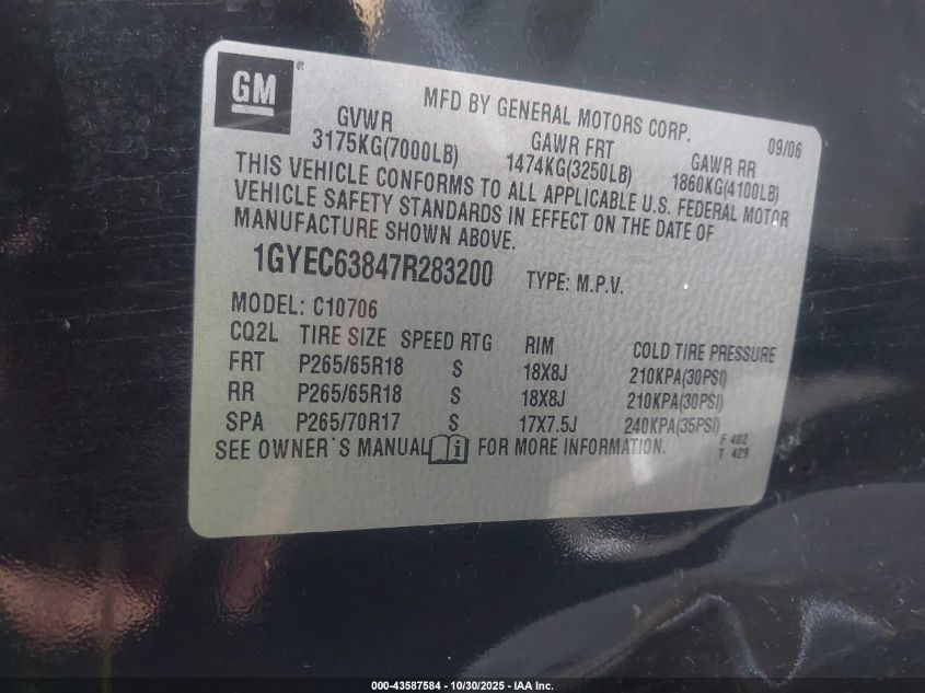 2007 Cadillac Escalade Standard VIN: 1GYEC63847R283200 Lot: 43587584