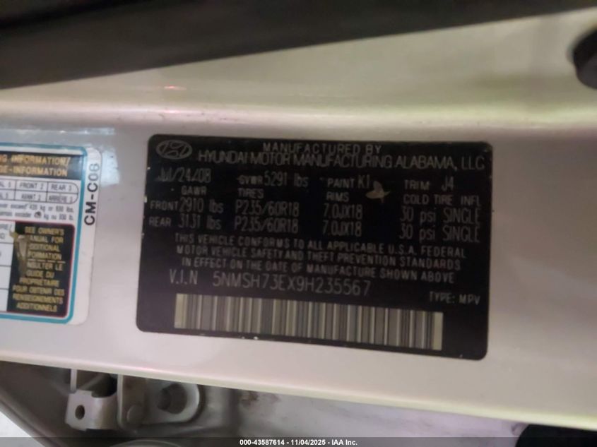 2009 Hyundai Santa Fe Se VIN: 5NMSH73EX9H235567 Lot: 43587614