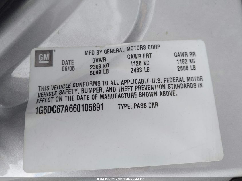 2006 Cadillac Sts V8 VIN: 1G6DC67A660105891 Lot: 43587628