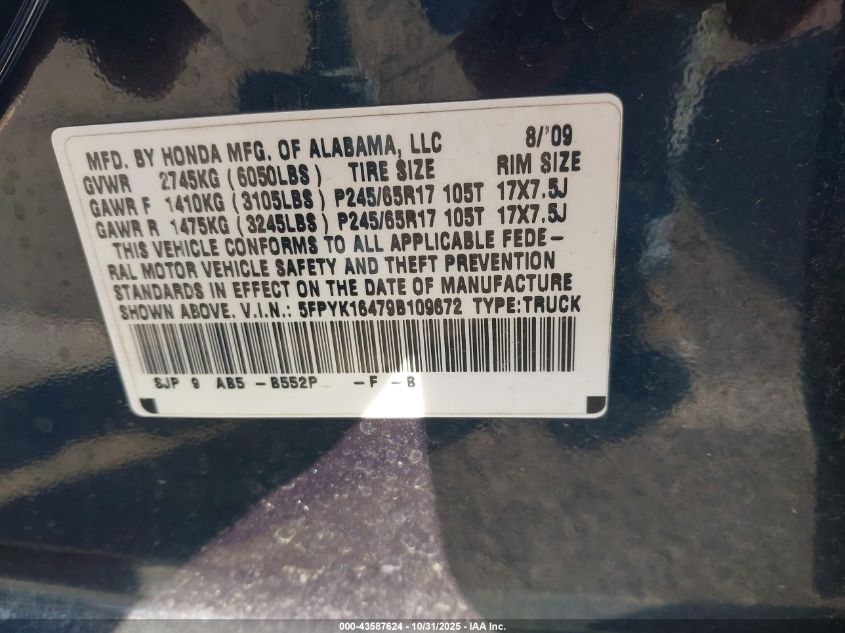 2009 Honda Ridgeline Rts VIN: 5FPYK16479B109672 Lot: 43587624