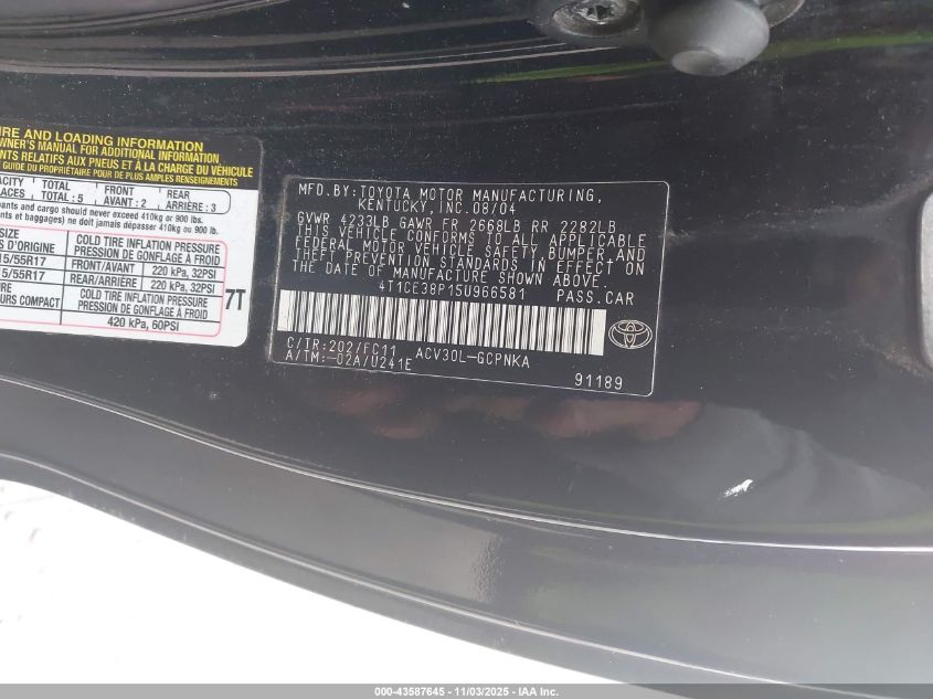 2005 Toyota Camry Solara Se Sport VIN: 4T1CE38P15U966581 Lot: 43587645