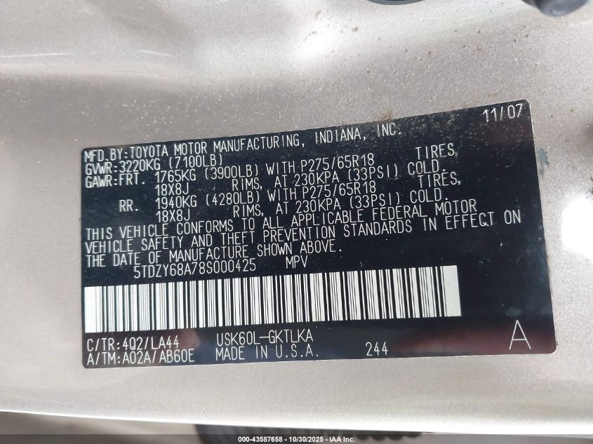 2008 Toyota Sequoia Limited 5.7L V8 VIN: 5TDZY68A78S000425 Lot: 43587658