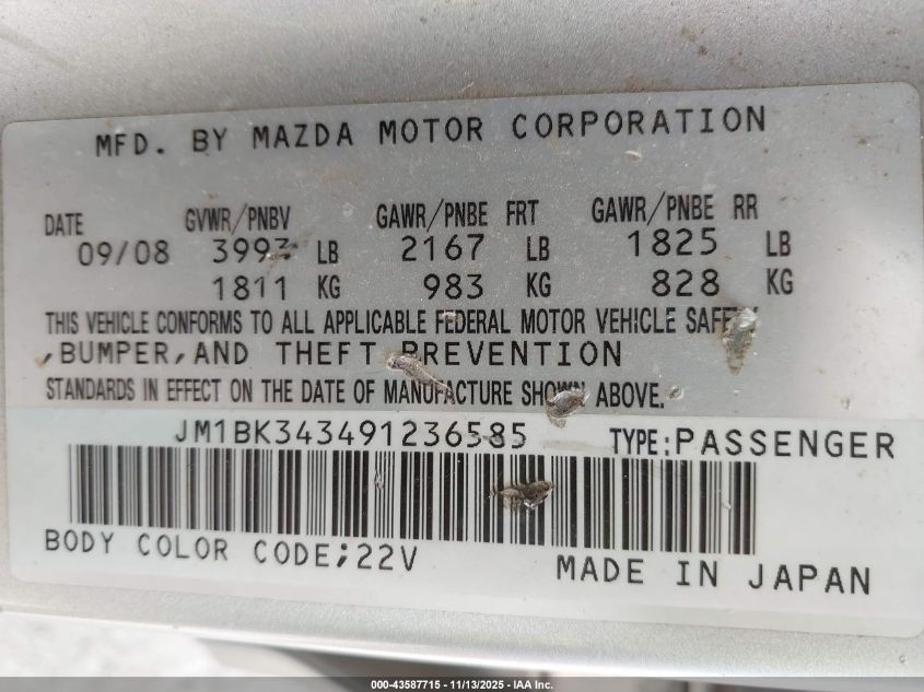 2009 Mazda Mazda3 S Touring VIN: JM1BK343491236585 Lot: 43587715