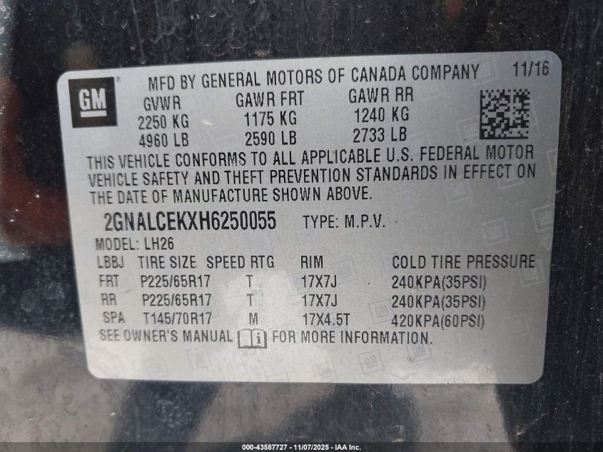 2017 Chevrolet Equinox Lt VIN: 2GNALCEKXH6250055 Lot: 43587727