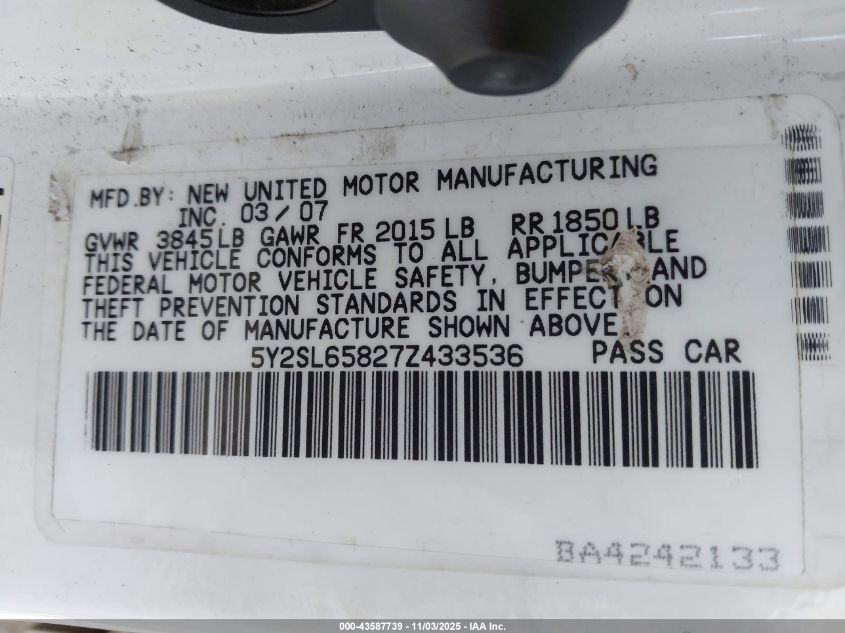 2007 Pontiac Vibe VIN: 5Y2SL65827Z433536 Lot: 43587739