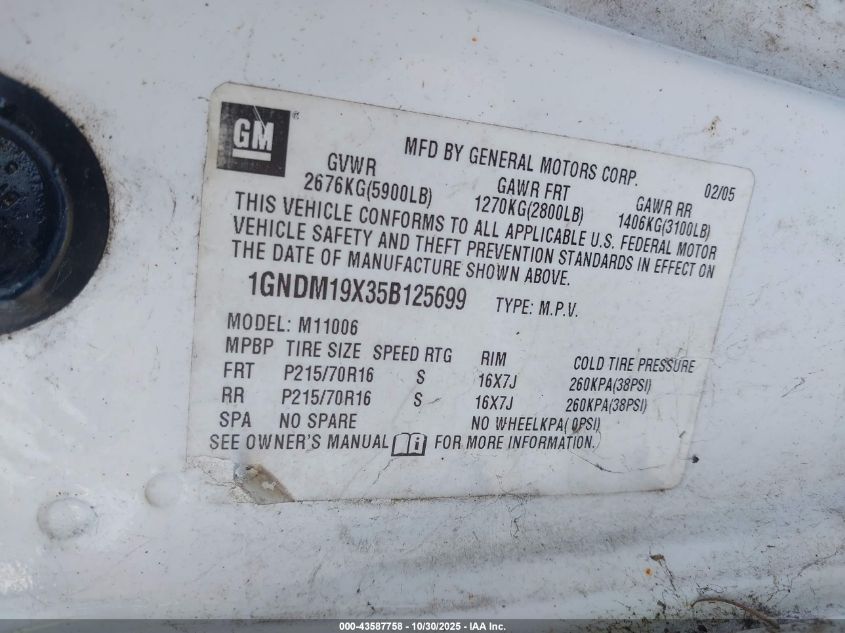 2005 Chevrolet Astro VIN: 1GNDM19X35B125699 Lot: 43587758