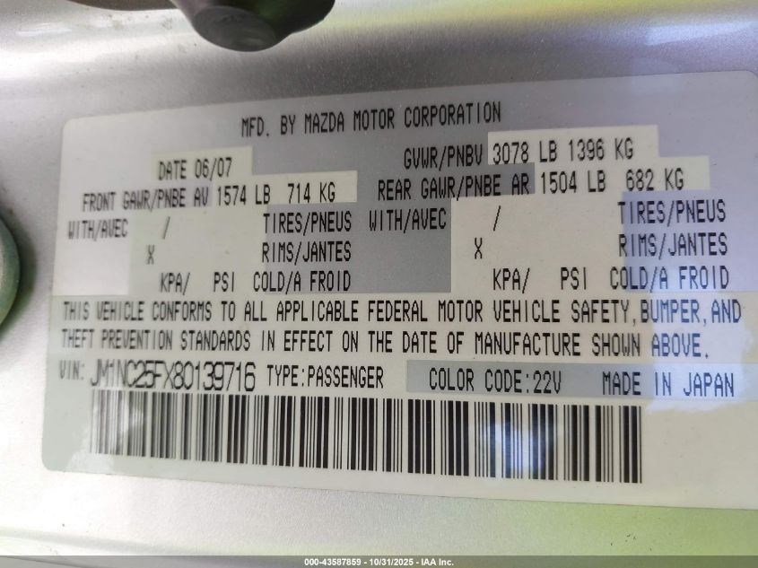 2008 Mazda Mx-5 Grand Touring VIN: JM1NC25FX80139716 Lot: 43587859