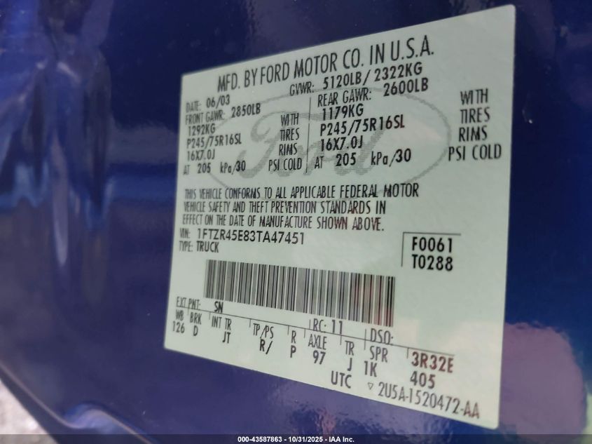 2003 Ford Ranger Edge/Xlt VIN: 1FTZR45E83TA47451 Lot: 43587863