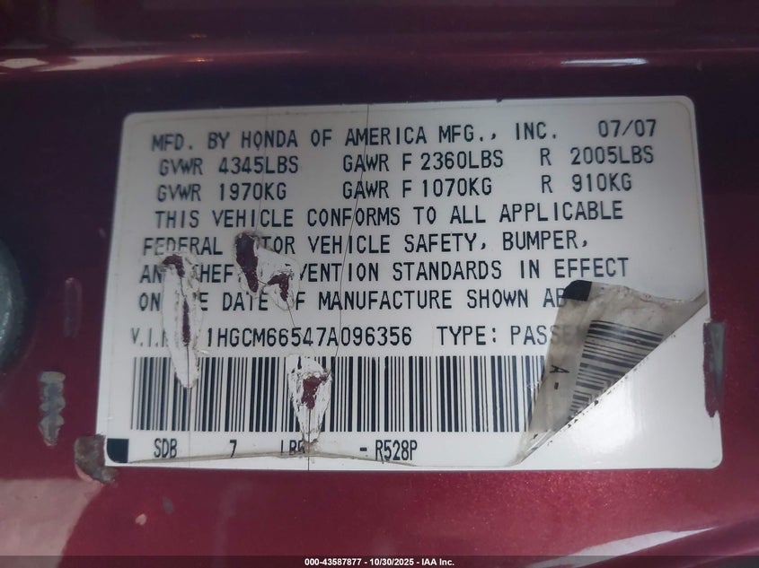 1HGCM66547A096356 2007 HONDA ACCORD photo no. 9