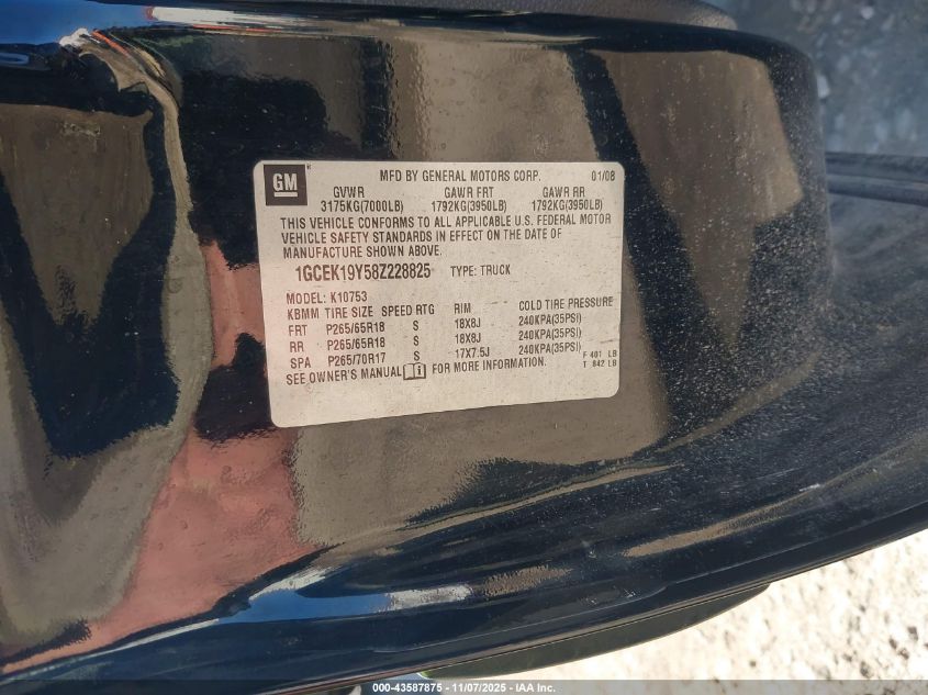 2008 Chevrolet Silverado 1500 Ltz VIN: 1GCEK19Y58Z228825 Lot: 43587875