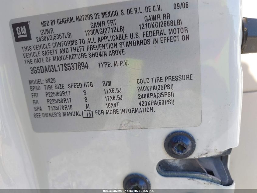 2007 Buick Rendezvous Cxl VIN: 3G5DA03L17S537894 Lot: 43587890