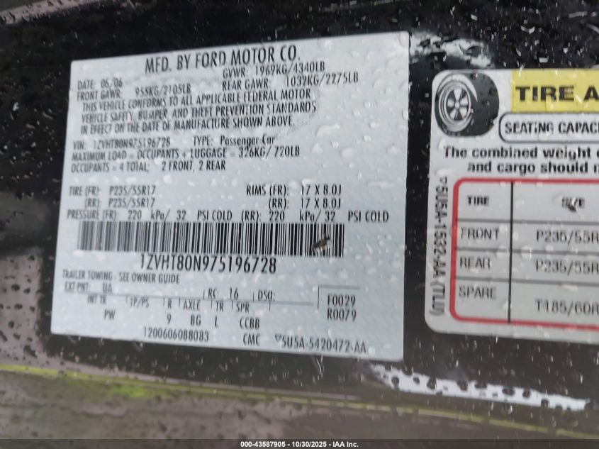 2007 Ford Mustang V6 Deluxe/V6 Premium VIN: 1ZVHT80N975196728 Lot: 43587905