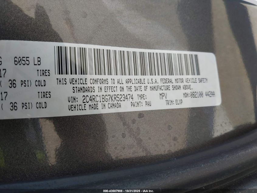 2019 Chrysler Pacifica Touring L VIN: 2C4RC1BG7KR523474 Lot: 43587908