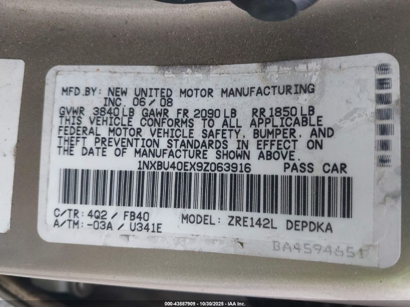 2009 Toyota Corolla Le VIN: 1NXBU40EX9Z063916 Lot: 43587909