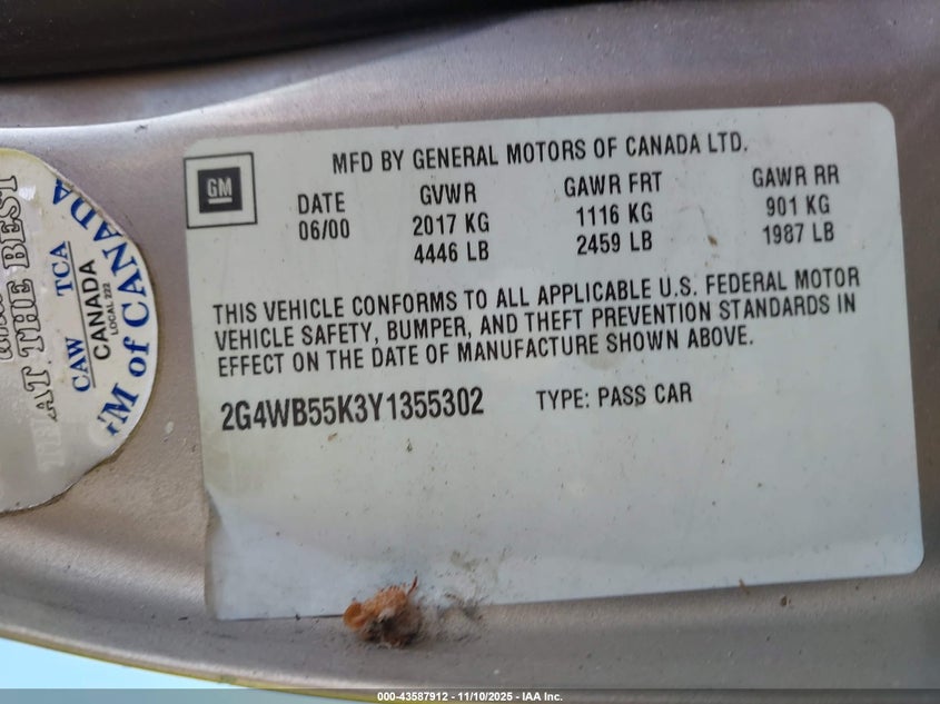 2000 Buick Regal Ls VIN: 2G4WB55K3Y1355302 Lot: 43587912