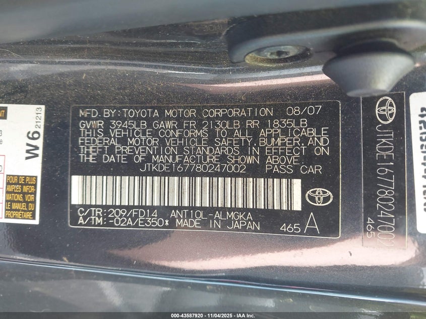 2008 Scion Tc VIN: JTKDE167780247002 Lot: 43587920