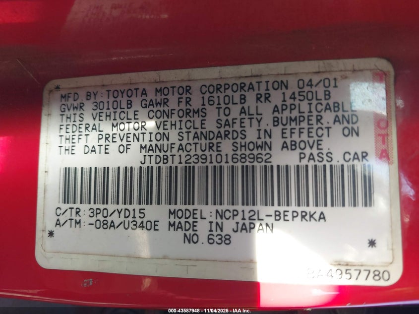 2001 Toyota Echo VIN: JTDBT123910168962 Lot: 43587948