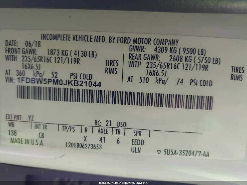 2018 Ford Transit-350 Cutaway VIN: 1FDBW5PM0JKB21044 Lot: 43587949