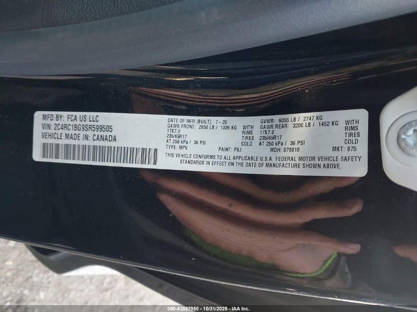 2025 Chrysler Pacifica Select VIN: 2C4RC1BG9SR599505 Lot: 43587950