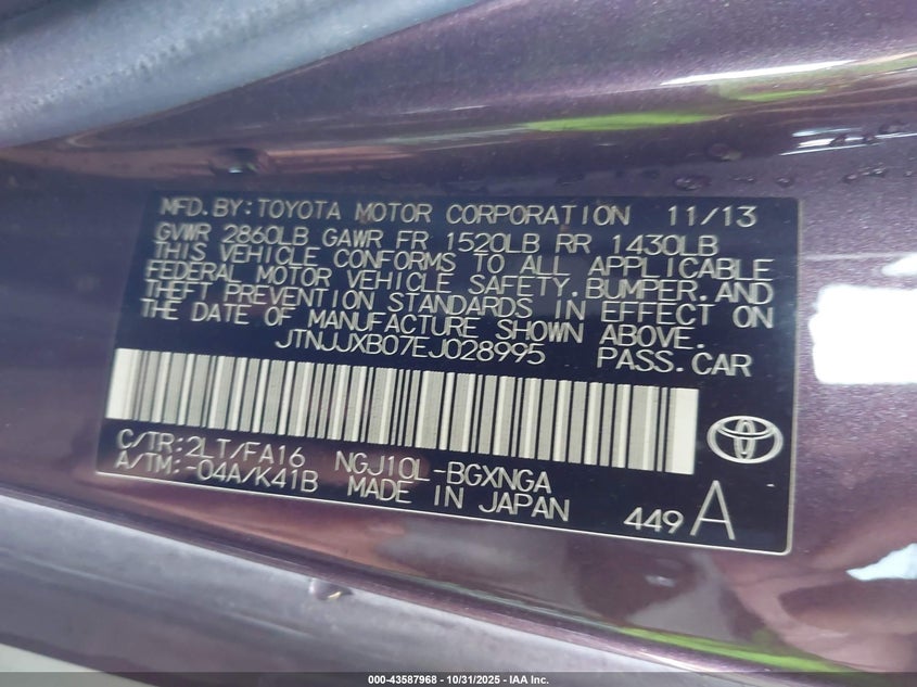 JTNJJXB07EJ028995 2014 SCION IQ photo no. 9