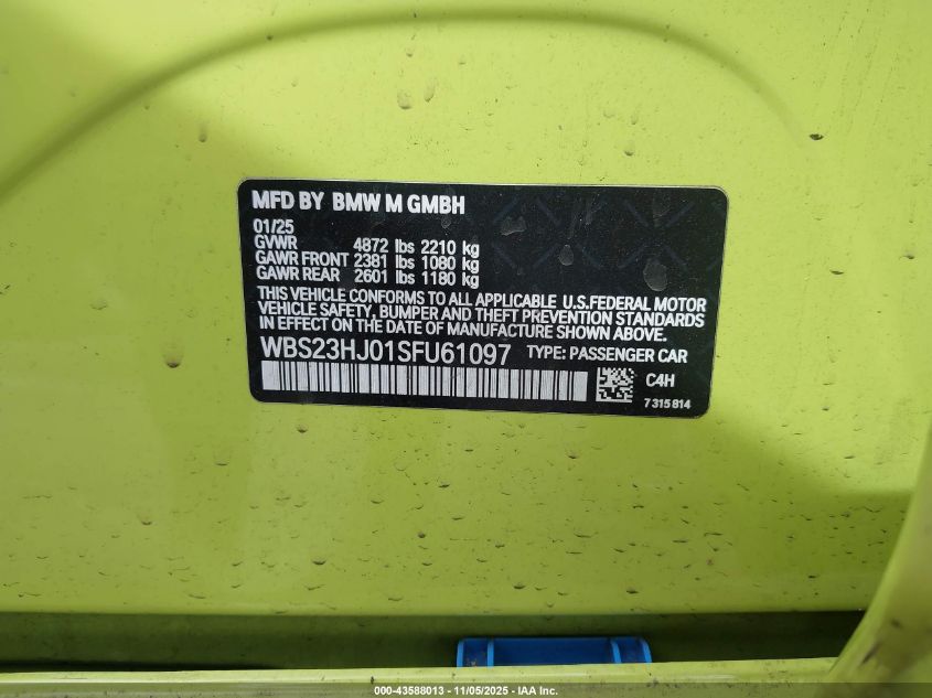 2025 BMW M3 Competition VIN: WBS23HJ01SFU61097 Lot: 43588013