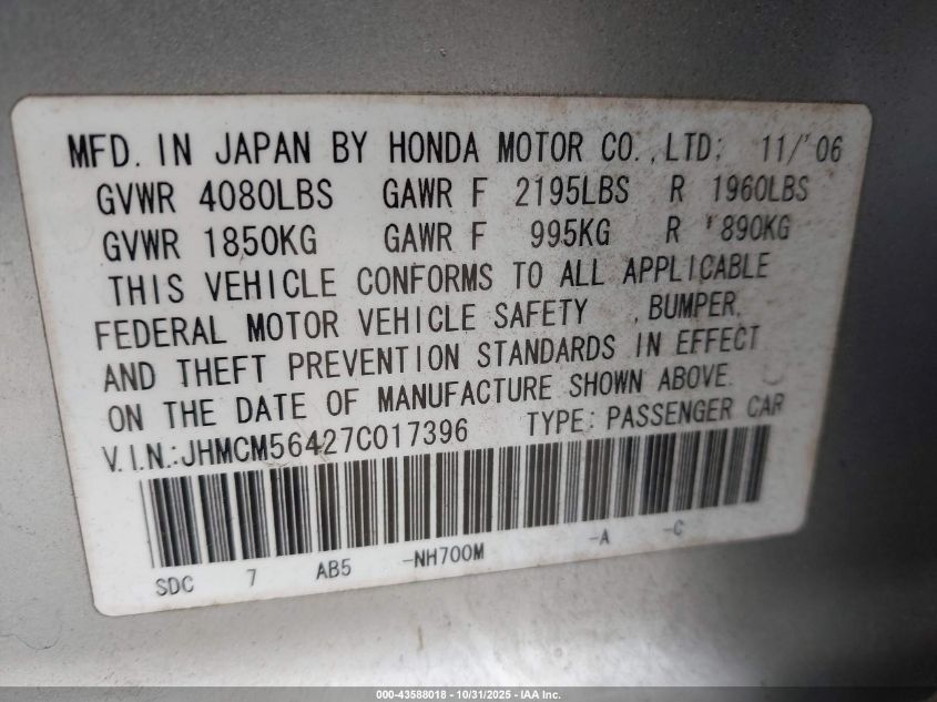 2007 Honda Accord 2.4 Lx VIN: JHMCM56427C017396 Lot: 43588018