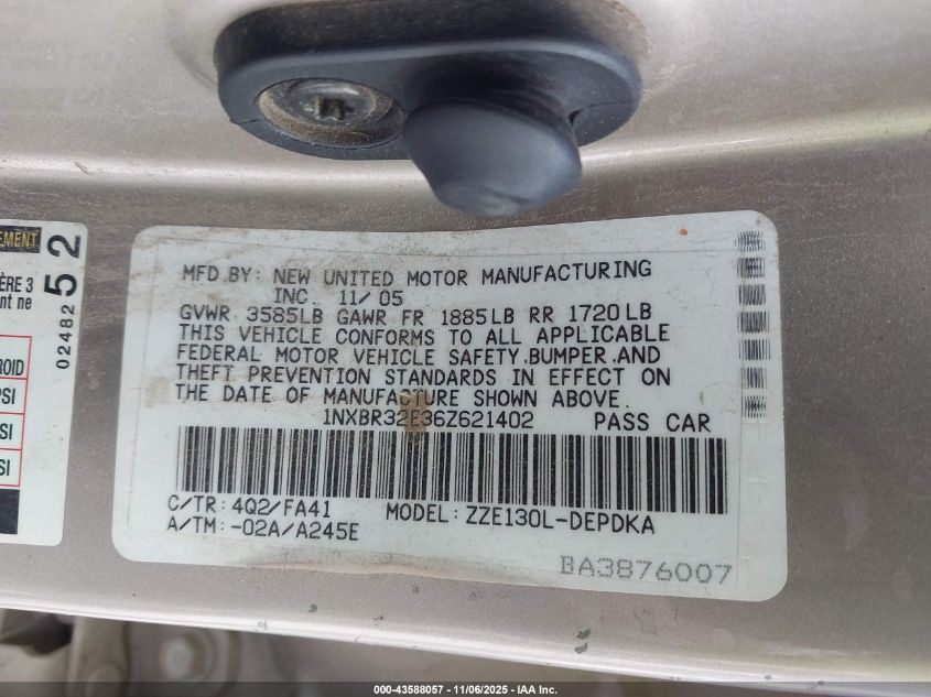 2006 Toyota Corolla Ce VIN: 1NXBR32E36Z621402 Lot: 43588057