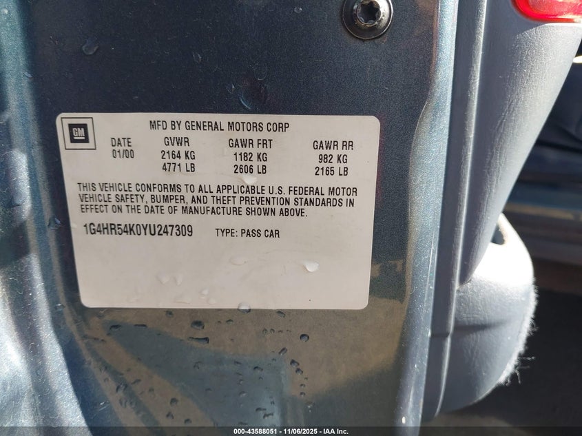 2000 Buick Lesabre Limited VIN: 1G4HR54K0YU247309 Lot: 43588051