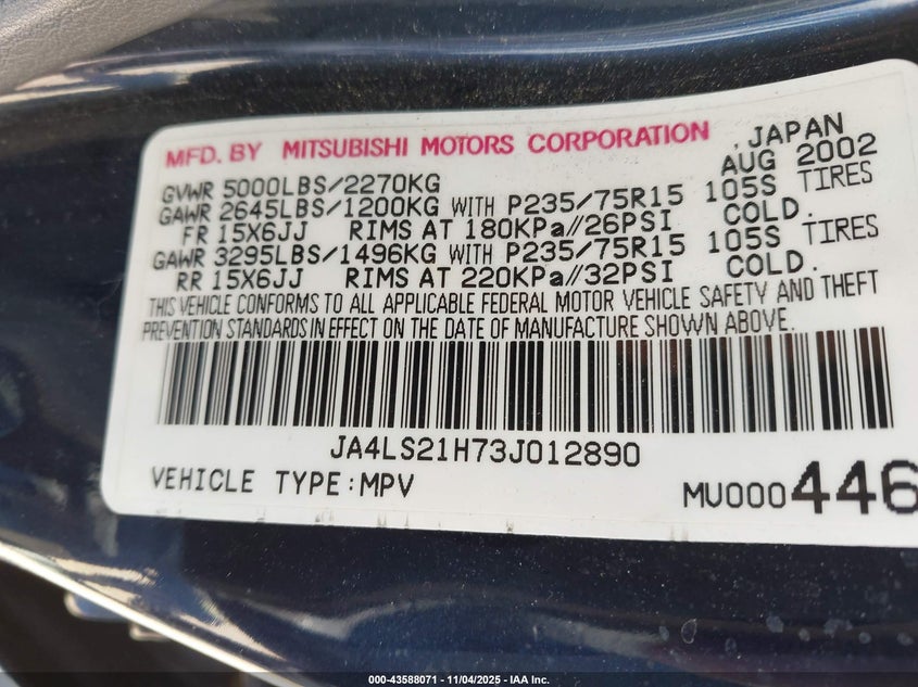 JA4LS21H73J012890 2003 MITSUBISHI MONTERO SPORT photo no. 9