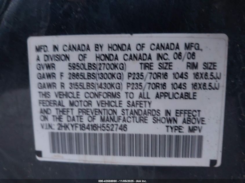 2006 Honda Pilot Ex VIN: 2HKYF18416H552746 Lot: 43588080