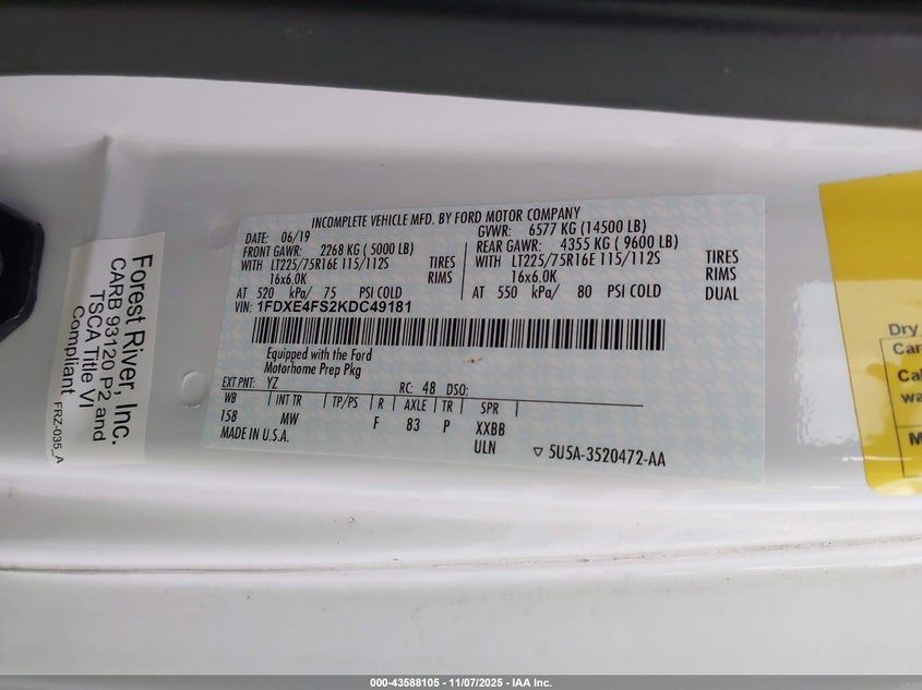 2019 Ford E-450 Cutaway VIN: 1FDXE4FS2KDC49181 Lot: 43588105