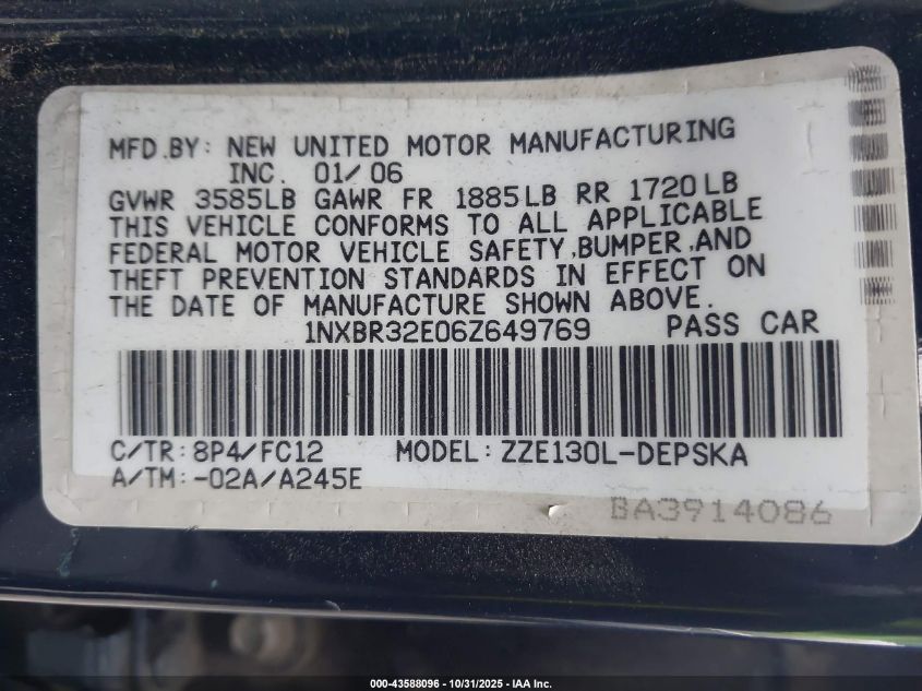 2006 Toyota Corolla S VIN: 1NXBR32E06Z649769 Lot: 43588096