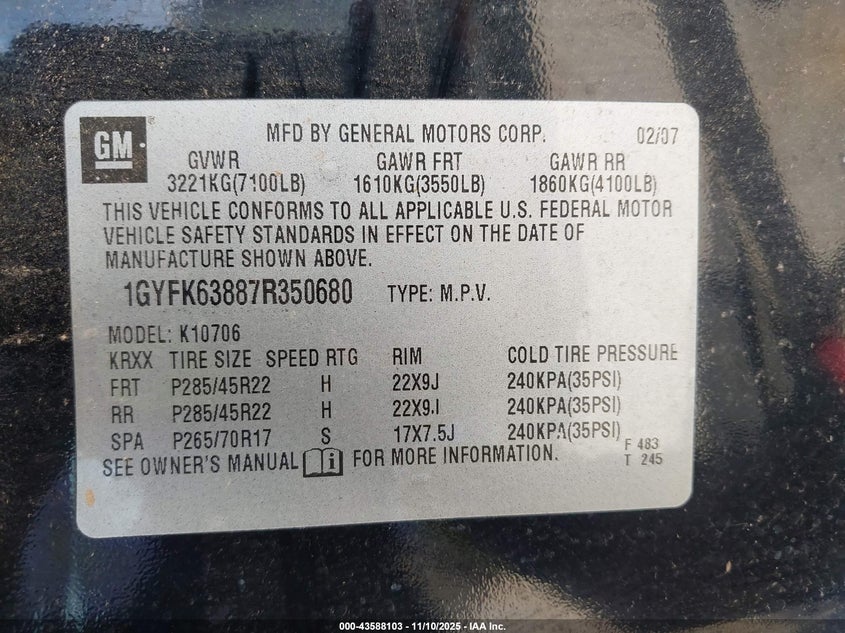 2007 Cadillac Escalade Standard VIN: 1GYFK63887R350680 Lot: 43588103