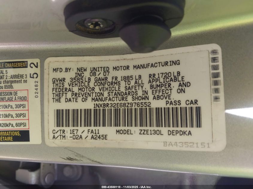 2008 Toyota Corolla Ce VIN: 1NXBR32E68Z976552 Lot: 43588118