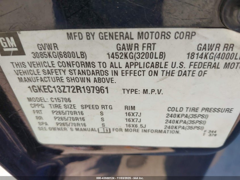 2002 GMC Yukon Slt VIN: 1GKEC13Z72R197961 Lot: 43588124