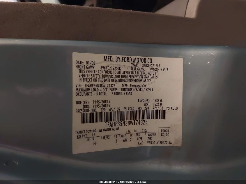 2008 Ford Focus Se/Ses VIN: 1FAHP35N38W174325 Lot: 43588116