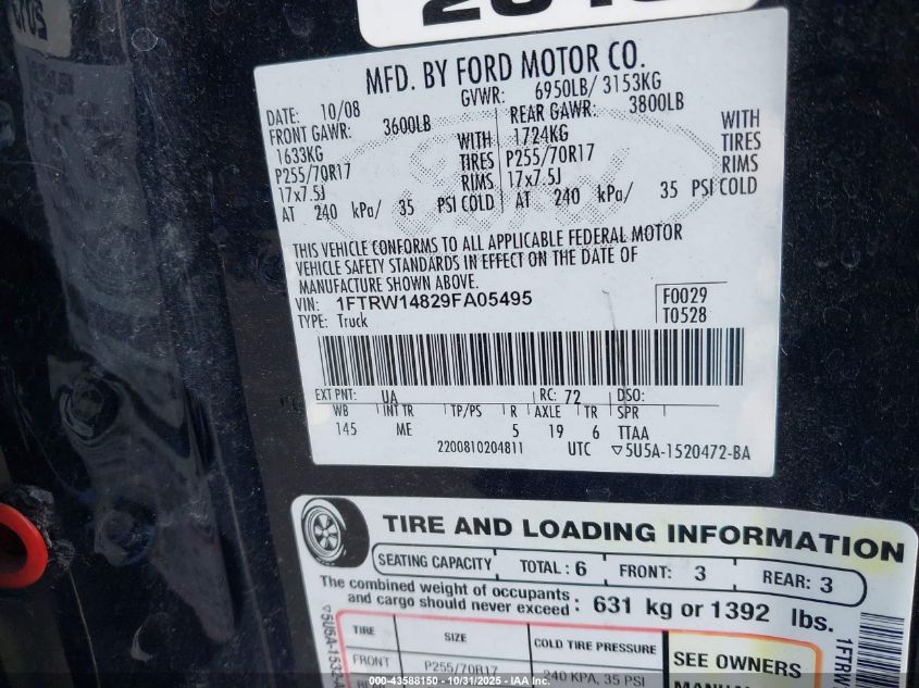 2009 Ford F-150 Xl/Xlt VIN: 1FTRW14829FA05495 Lot: 43588150