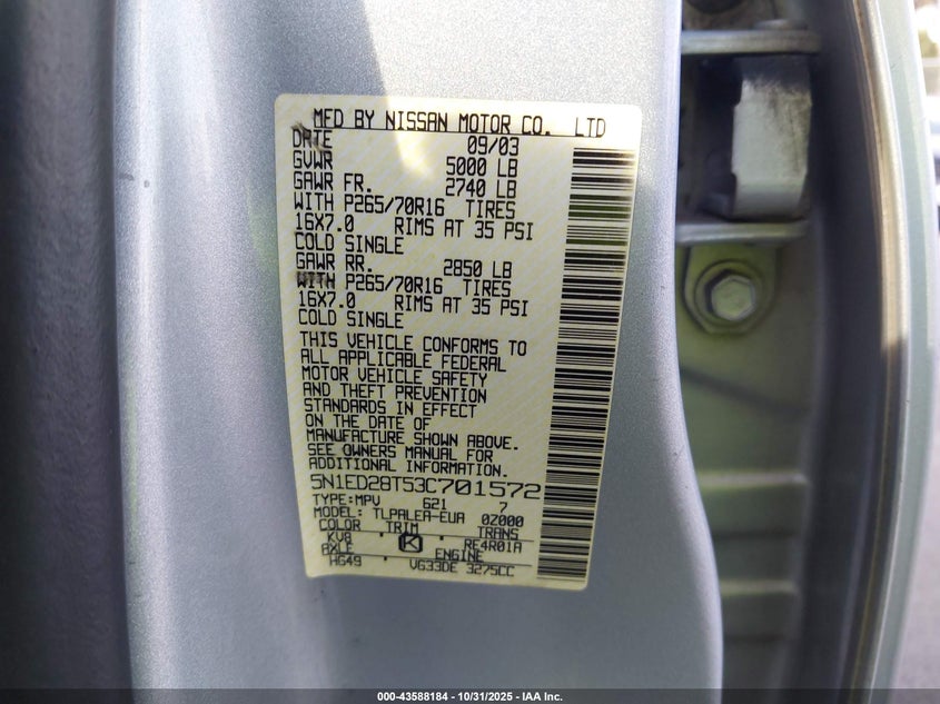 5N1ED28T53C701572 2003 NISSAN XTERRA photo no. 9