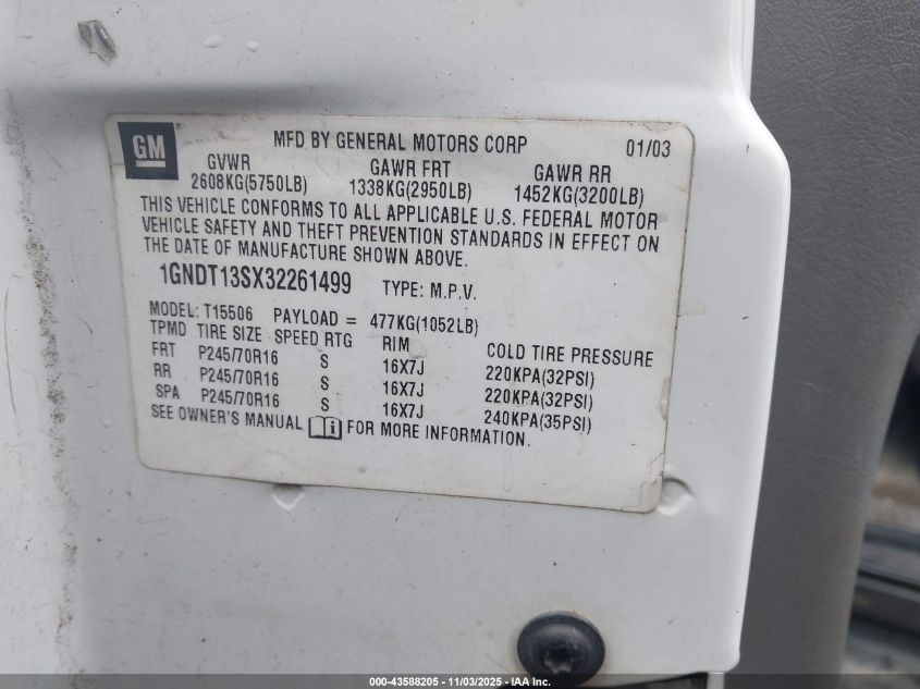 2003 Chevrolet Trailblazer Lt VIN: 1GNDT13SX32261499 Lot: 43588205